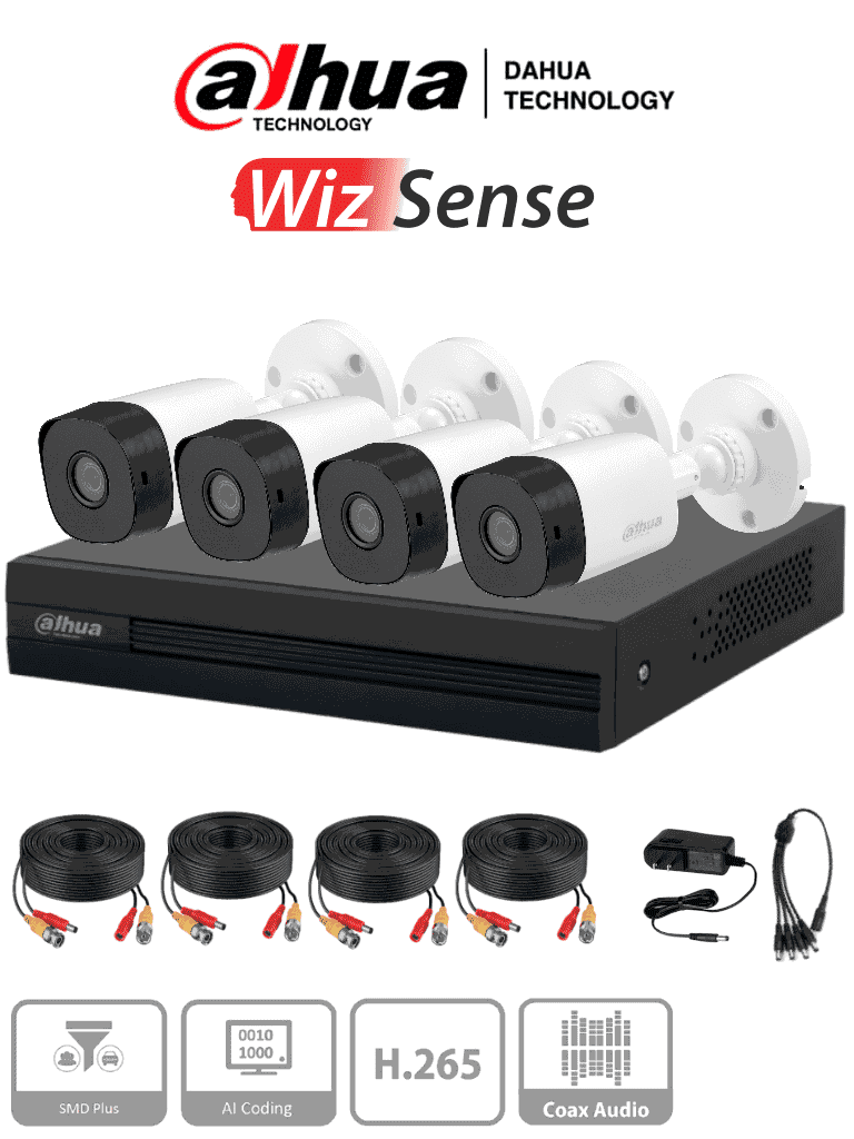 Kit de 4 Canales de 2 Megapixel/ 4 Cámaras B1A11 con Lente de 2.8mm/ 93 Grados de Apertura/ 4 CH+1 IP o Hasta 5 CH IP/ SMD Plus/ Búsqueda de Humanos y Vehículos/ Accesorios Incluidos/